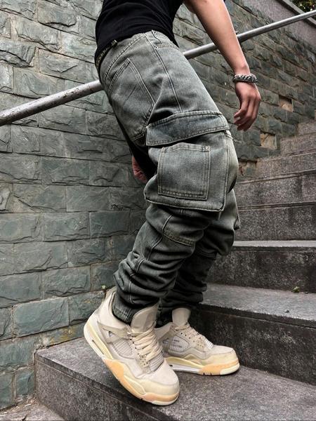 Men's Pioneer Trend Heavyweight Washed Vintage Street Casual Workwear Jeans Extra-Long Straight Loose Fit | Multi-Pocket Design for All Seasons | Button Closure Ideal for Men's Daily Wear