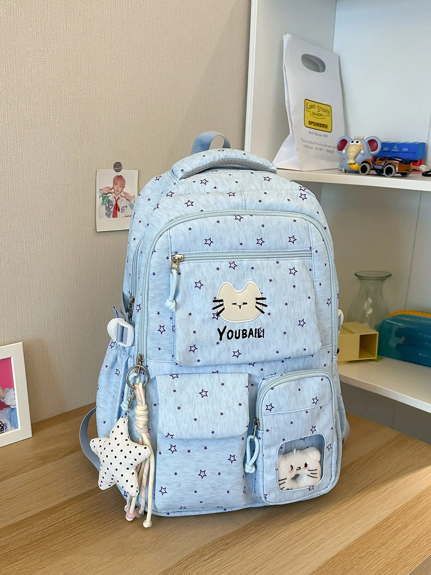 Light Blue Cartoon Cat Embroidered Backpack, Large Capacity Ergonomic School Bag, Waterproof Travel Backpack for Students and College Students, Kawaii Backpack, School Backpacks