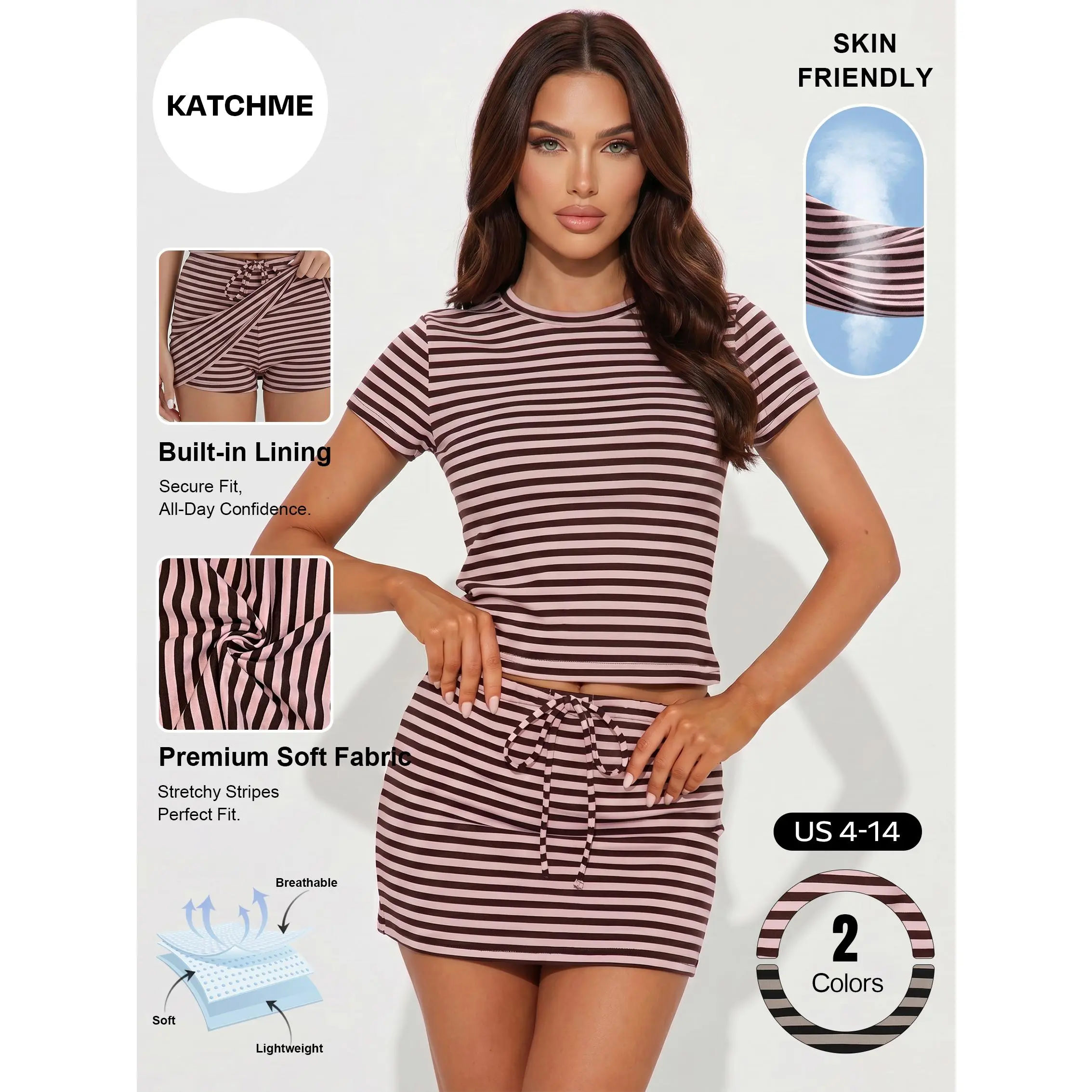 Katch Me Women's Leisure Striped Round Neck Short Sleeve Top & Drawstring Decor Skirt Co-ord, Premium Breathable Cotton Two Piece Sets, Summer Wrinkle-Resistant Stretch Daily Outfit