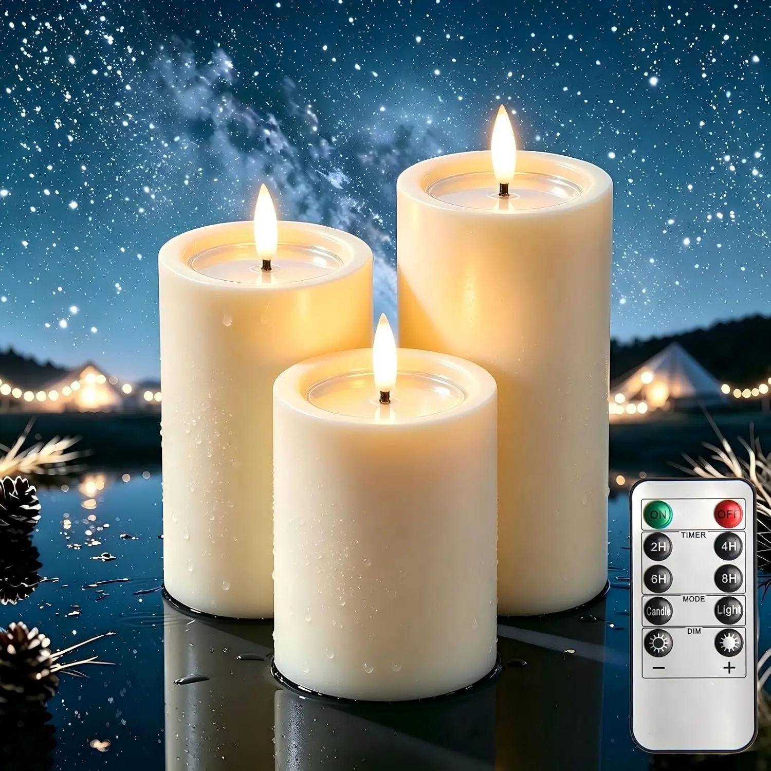 Outdoor Candles with Timer Waterproof, 3/6 PCS Flameless Candles with Remote Battery Operated Candles, Realistic Flame Effect LED Pillar Candles for Fireplace Christmas Patio Centerpieces (3)