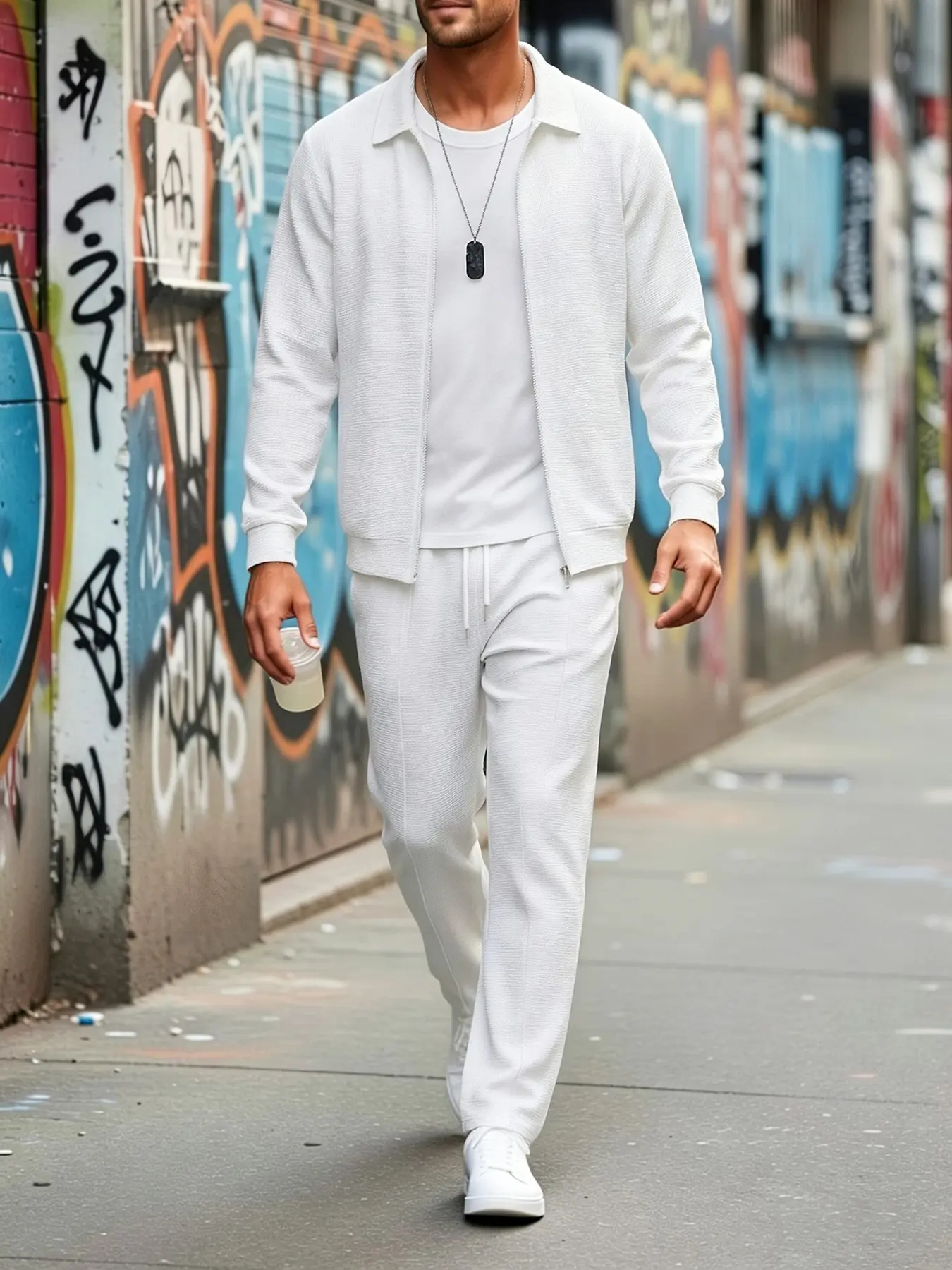 Men White Waffle Weave Textured 2 Piece Matching Outfit, Lapel Collar Full Zip Long Sleeve Jacket & Elastic Waist Drawstring Straight Leg Trousers With Side Pockets, Ultra Soft Breathable Skin-Friendly Comfort Fabric, Dual Purpose Loungewear For Indoor Re