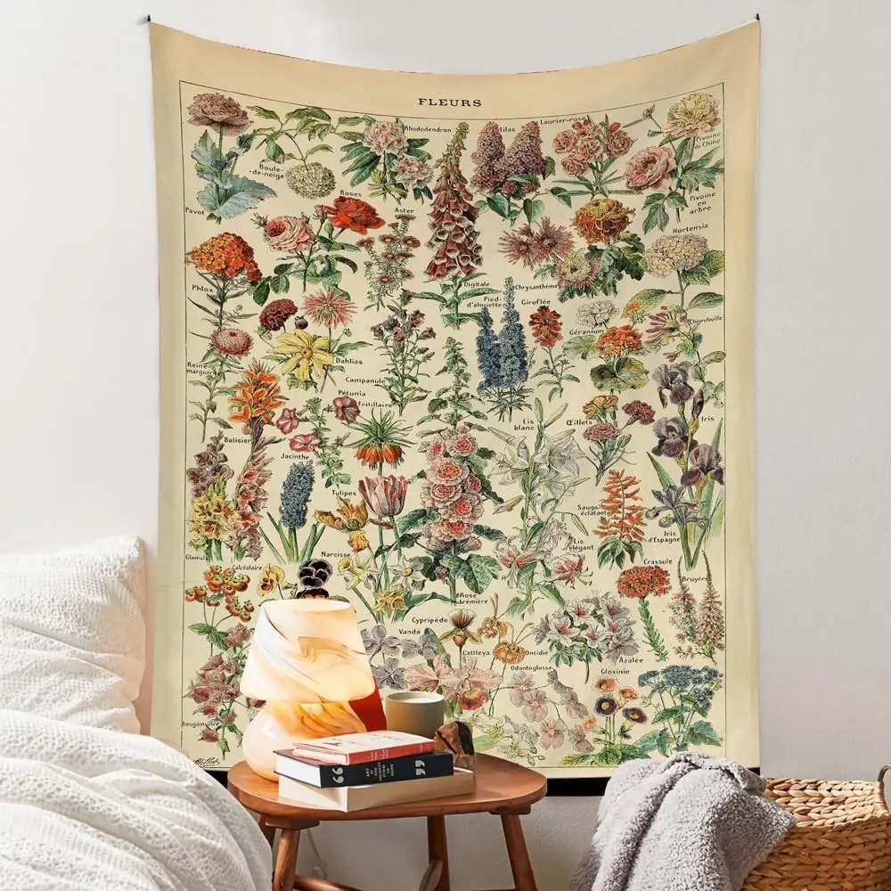 Vintage Floral Botanical Print Tapestry (48in x 36in), Long Vertical Wall Hanging, Colorful Flower Decoration for Bedroom, Ideal for Plant Lovers, Bedroom Decor