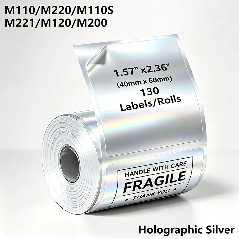 1 roll 40x60mm adhesive labels - clear/holographic square, thermal paper for Phomemo M110/M220/M221/M200. For barcodes, signs, sticky notes, festivals, birthdays, gifts, souvenirs, and packaging.