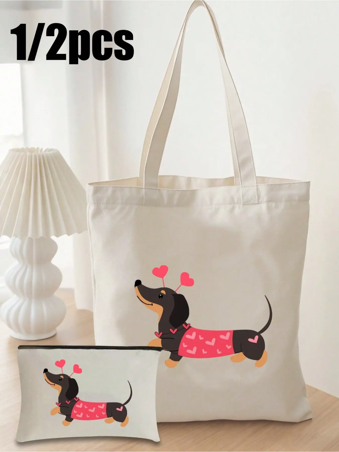 Dachshund Pattern Canvas Bag, Shoulder Bag and Makeup Bag Set, Portable Pet Bag, Large Capacity, Reusable, Ideal Gift for Women and Pets