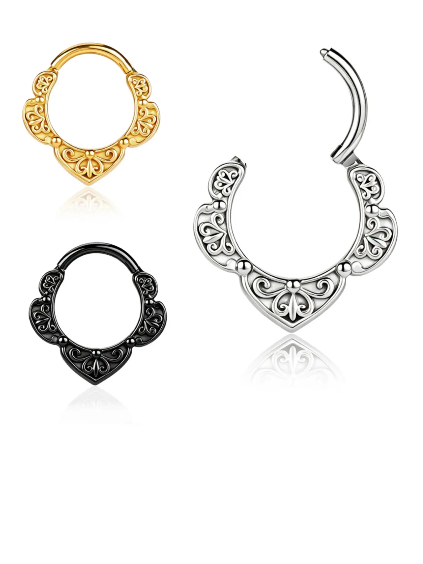 vanku 1pc Vintage Floral Engraved Septum Clicker Ring, 316L Stainless Steel, Hypoallergenic Hinged Nose Hoop, Boho Body Piercing Jewelry for Women