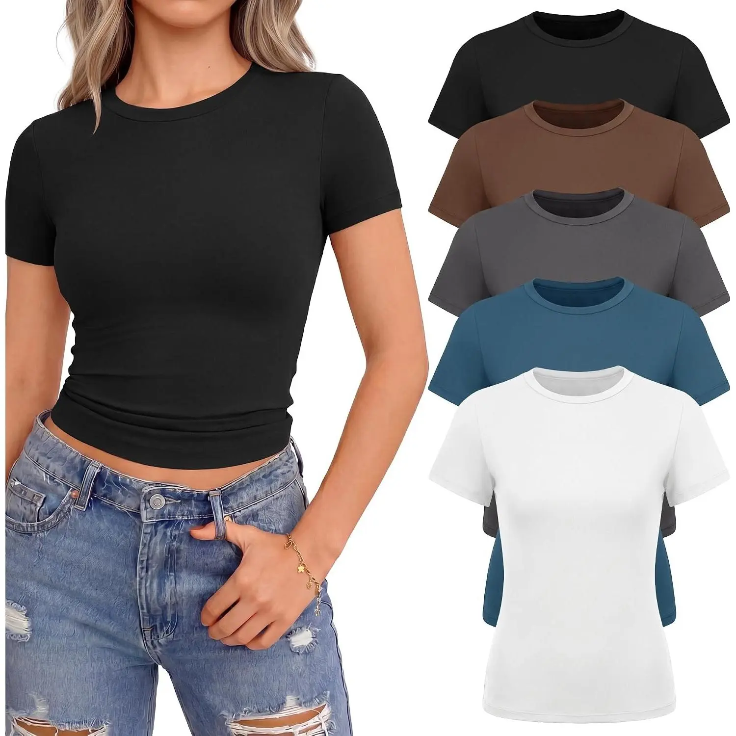 5 Pack T Shirts for Women - Crew Neck Short Sleeve Crop Tops Plain Casual Basic Tees Fitted Clothes Cute Y2K Outfit
