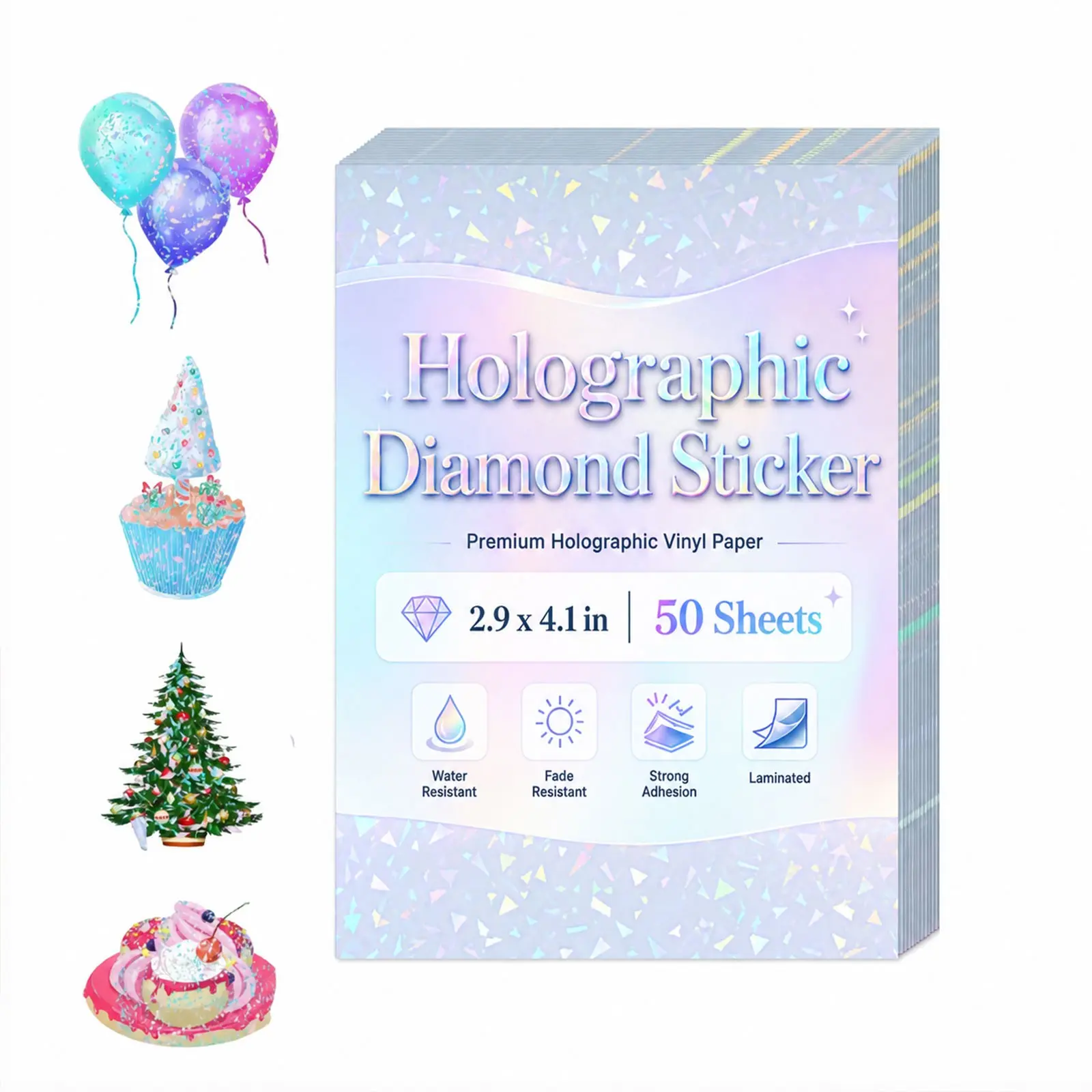 50 Sheets Diamond Holographic Adhesive Laminating Sheets, 2.9 X 4.1 Inch Self-Adhesive Clear Overlay for Stickers, Photos & DIY Crafts