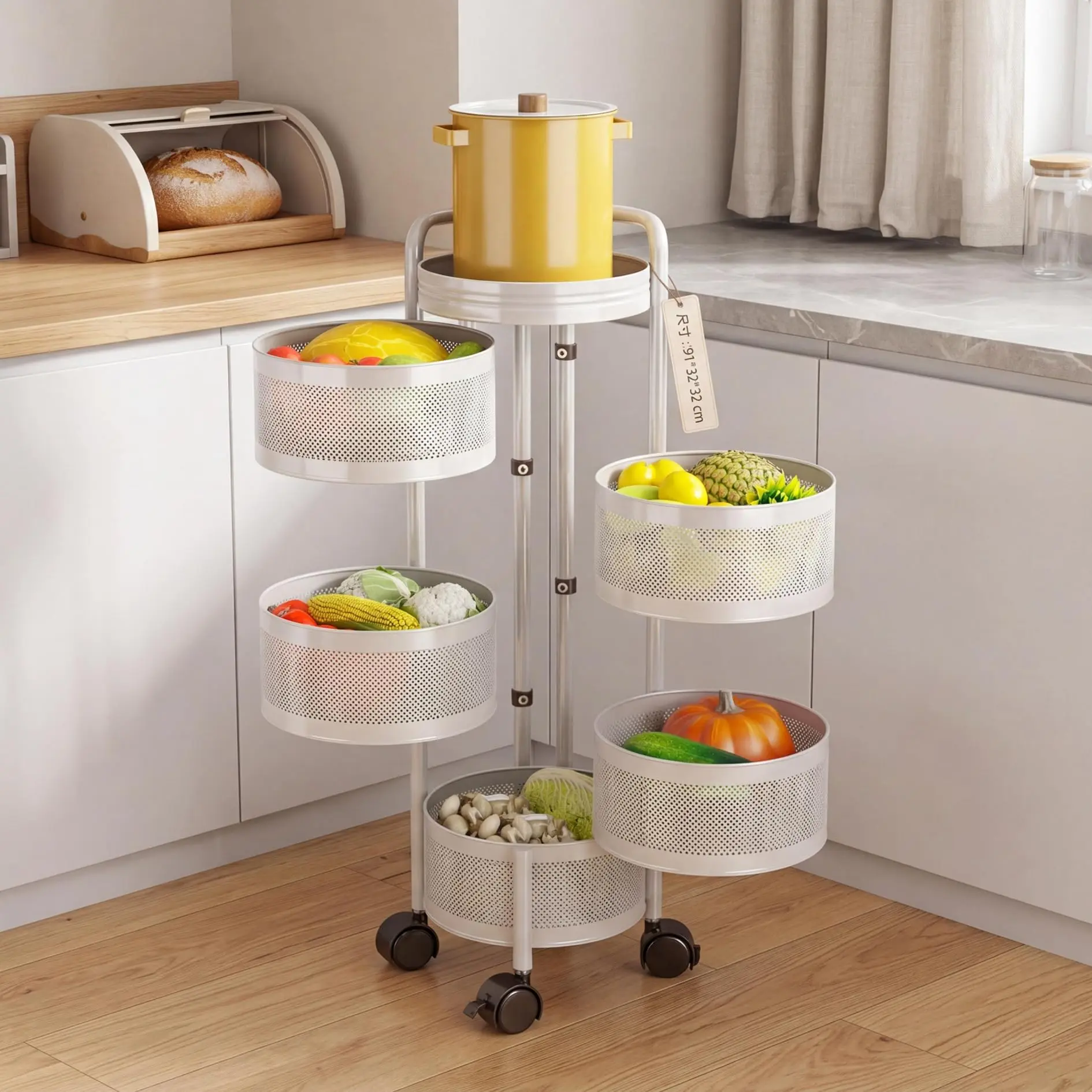 4/5-Tier Thickened Carbon Steel Rotating Kitchen Storage Cart with Wheels, Mobile Utility Rack with Top Lid, Fruit Vegetable Basket for Living Room