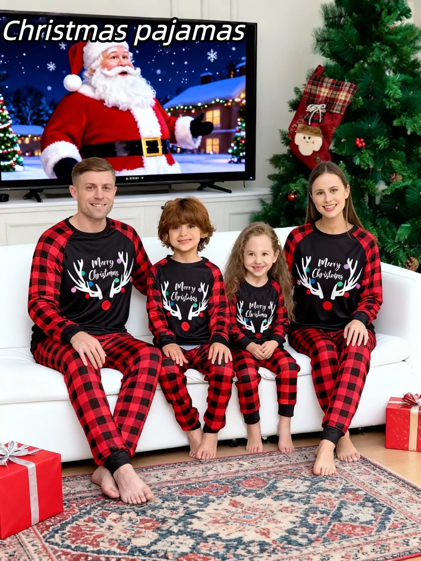 2-Piece Christmas Pajama Set, and Plaid Reindeer Antlers, Couples Sleepwear, Men Women Kids, Holiday Family