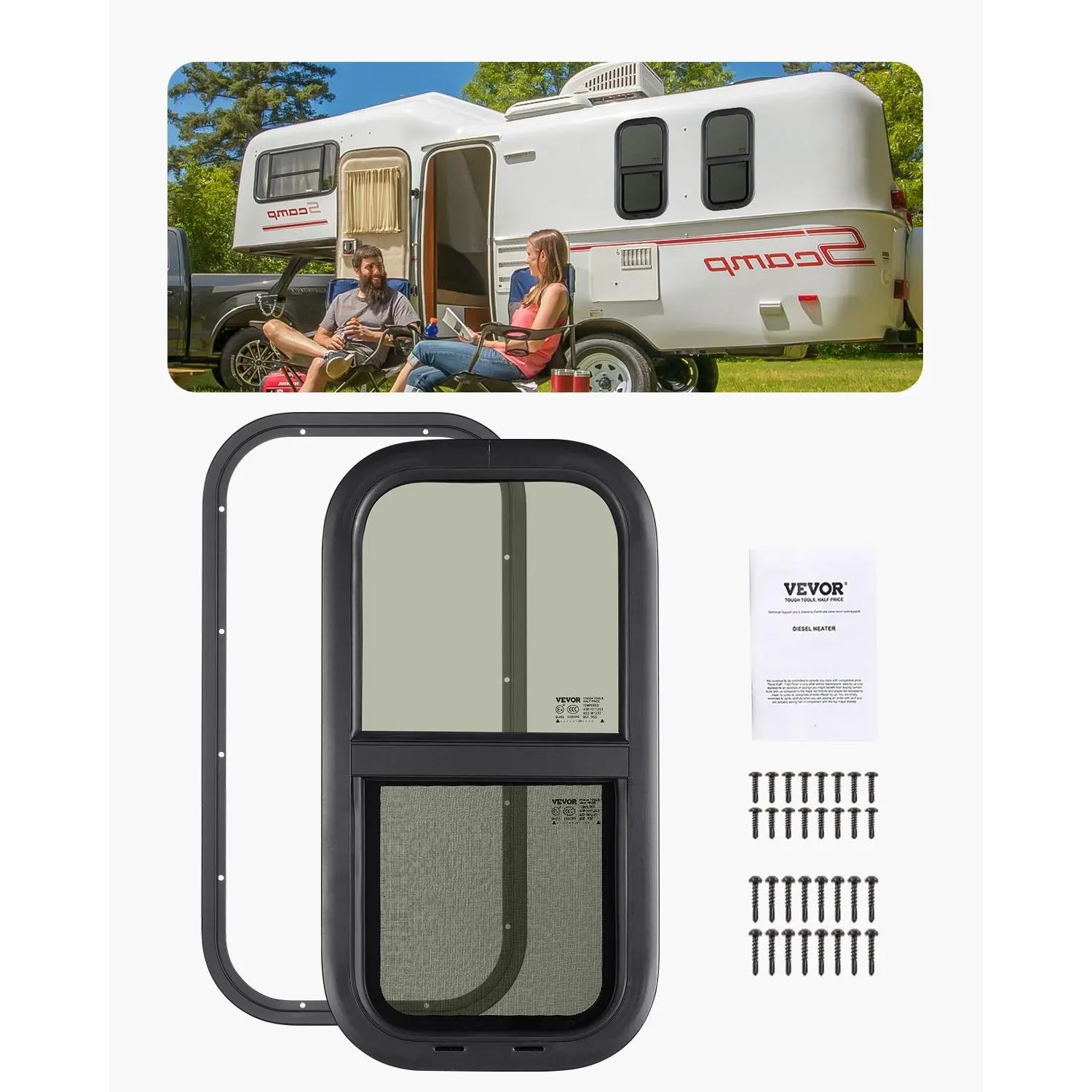 【Summerfinds】VEVOR Vertical RV Window, 12" W x 24" H Tinted Sliding RV Window with Net Screen & Trim Ring, Fit 15/16" - 1 3/4" Thickness Wall, RV Window Replacement for Teardrop Cargo Trailer Camper, DOT Approved