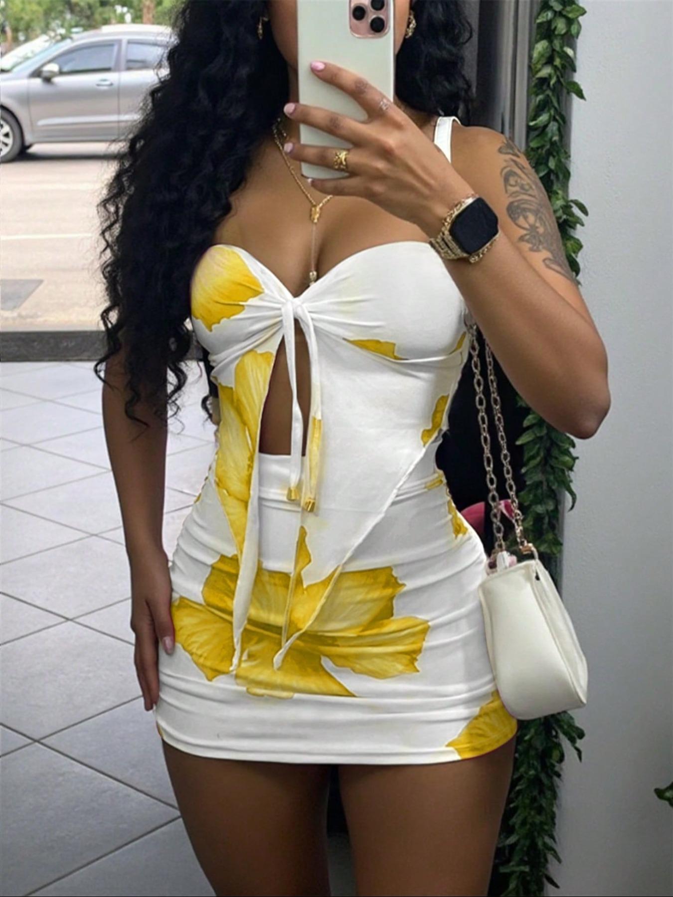 Women's Floral Print Tube Top & Bodycon Skirt Two-piece Set, Fashion Casual Strapless Crop Top & Skirt for Daily Outdoor Wear, Ladies Clothes for All Seasons