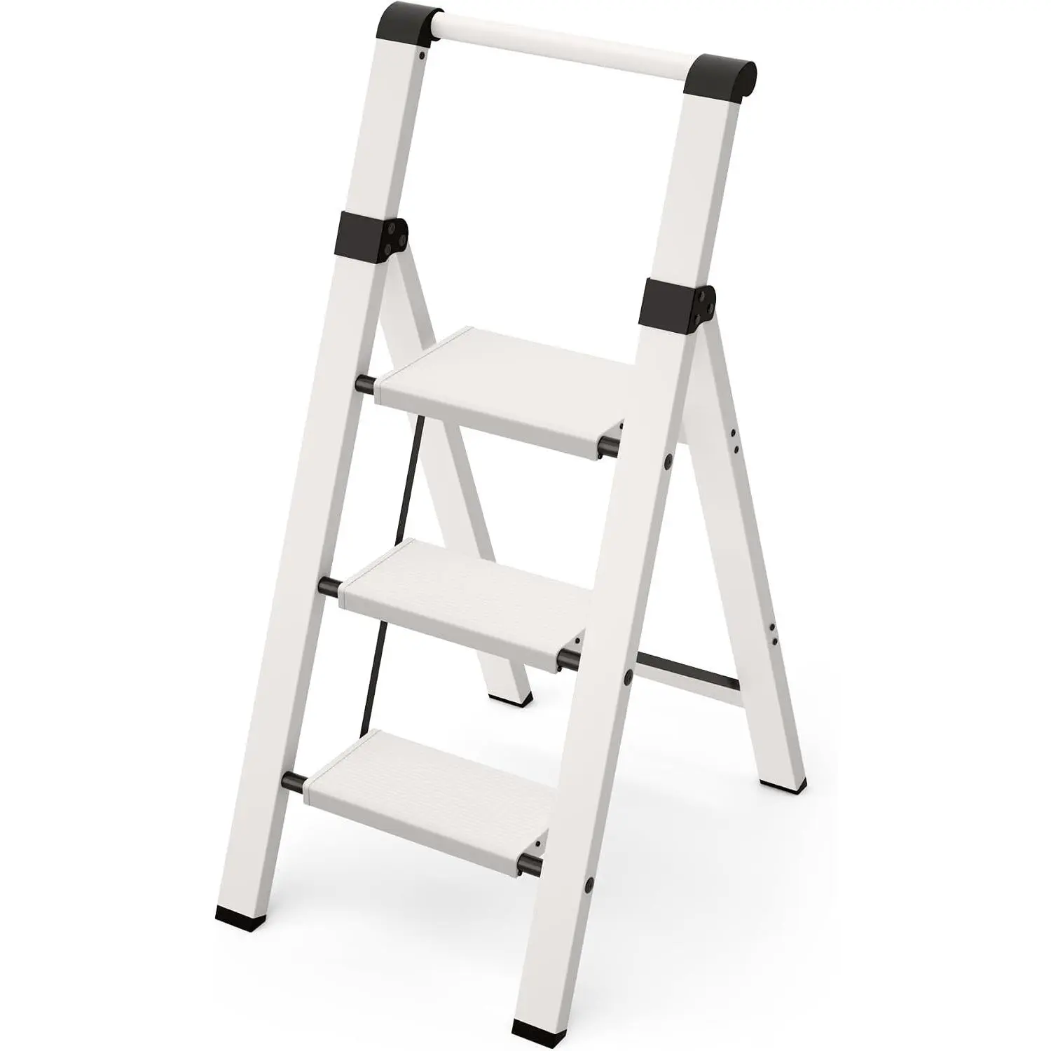3 Step Ladder, Lightweight Aluminum Step Stool with Convenient Handgrip, Folding Ladder with Anti-Slip Pedals, 330lbs Capacity Stepladder for Home, Office, Kitchen - White