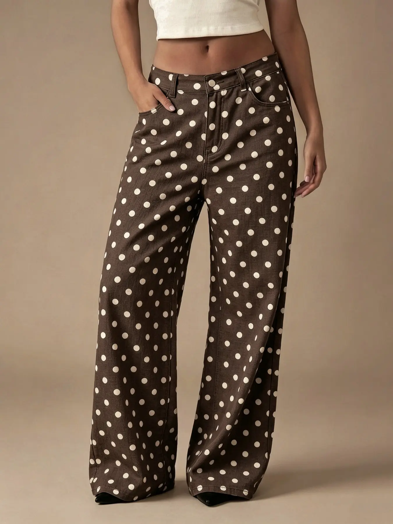 Women's Vintage Polka Dot Jeans Straight Leg Pants, Mid-Waist Wide Leg with Pockets, Perfect Mother's Day Gift for Mom/nana