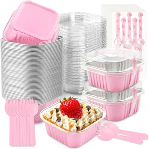 50 Pcs Mini Cake Pans with Lids and Spoons Aluminum Foil Mini Square Baking Cups with Lids Disposable Ramekins Cake Pans Dessert Cups for Wedding(Pink,5oz)