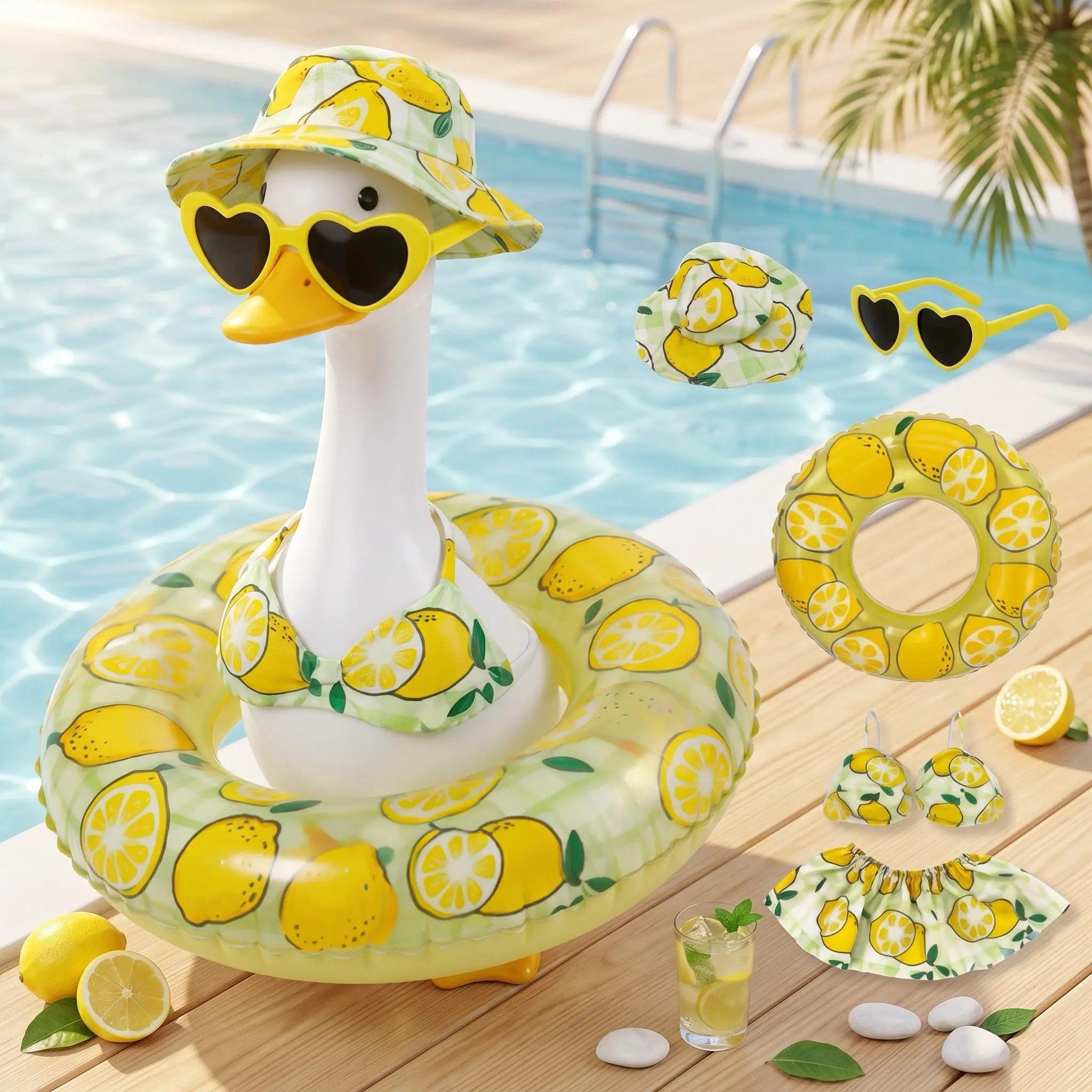 Lemon Bikini Goose Costume Set – Fits 23" Lawn/Cement Goose Statue, Includes Bikini Top, Skirt, Heart Sunglasses, Inflatable Lemon Pool Float & Sun Hat – Funny Summer Garden/Patio/Pool Decor (Goose Not Included)