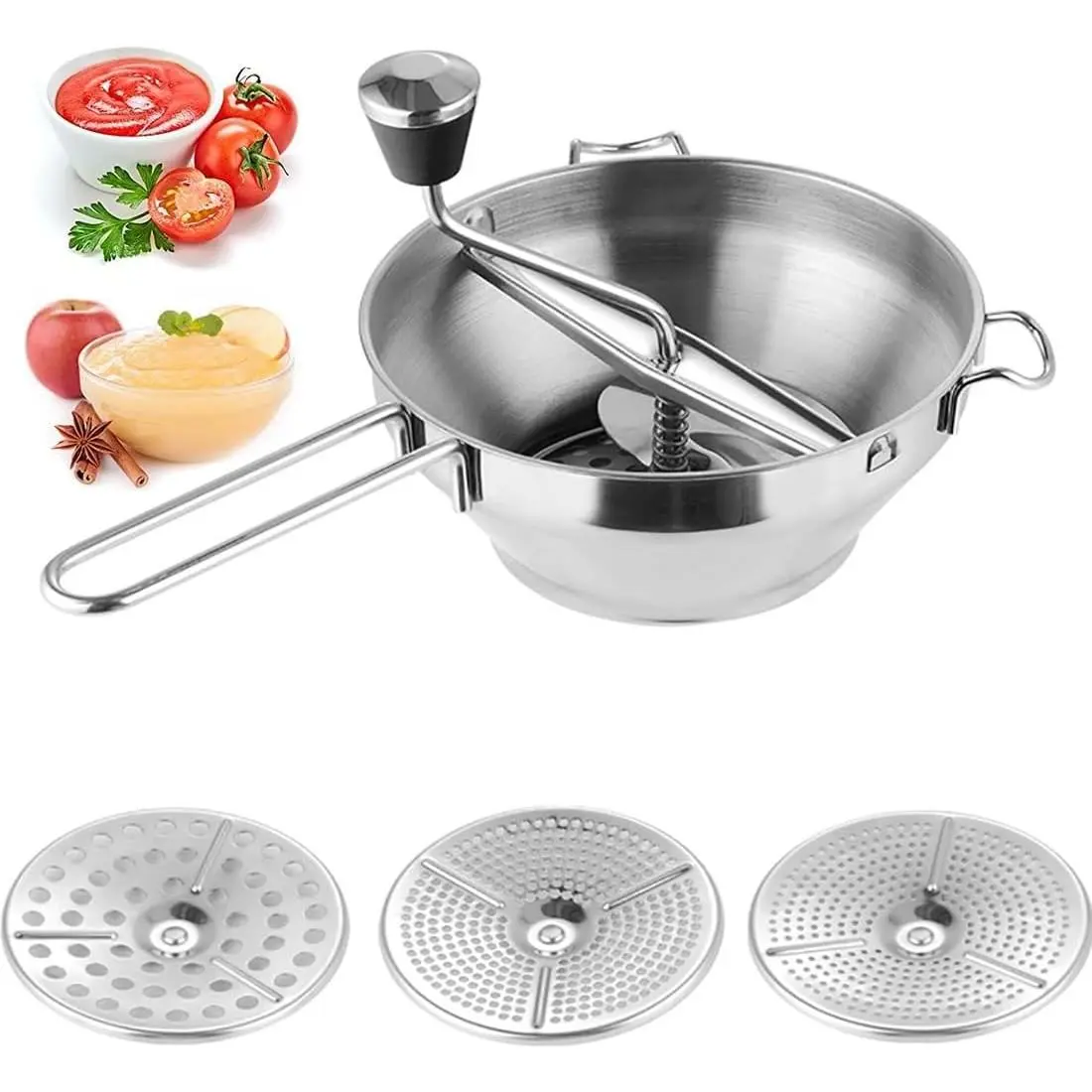 1 PCS Food Mill, Stainless Steel Food Mill for Tomato Sauce&Canning, Food Mill Hand Crank with 3 Grinding Plates for Mashing Grating Fruits Vegetables(7.5"/19cm x 3.2"/8cm), Silver