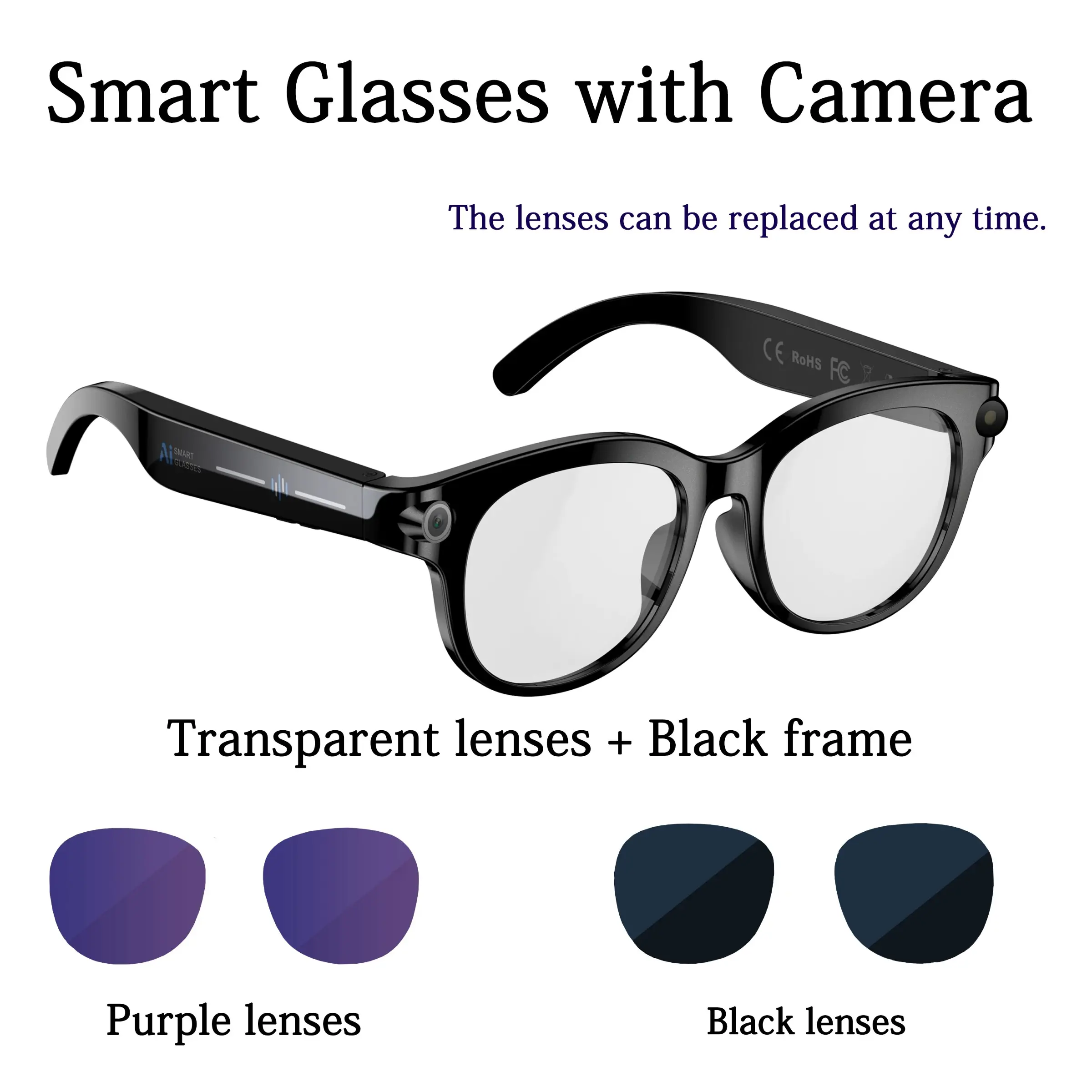 Smart Glasses with Camera, 8-Mp HD Resolution, 3 Interchangeable Lenses, Image Stabilization, Photo & Video Capabilities