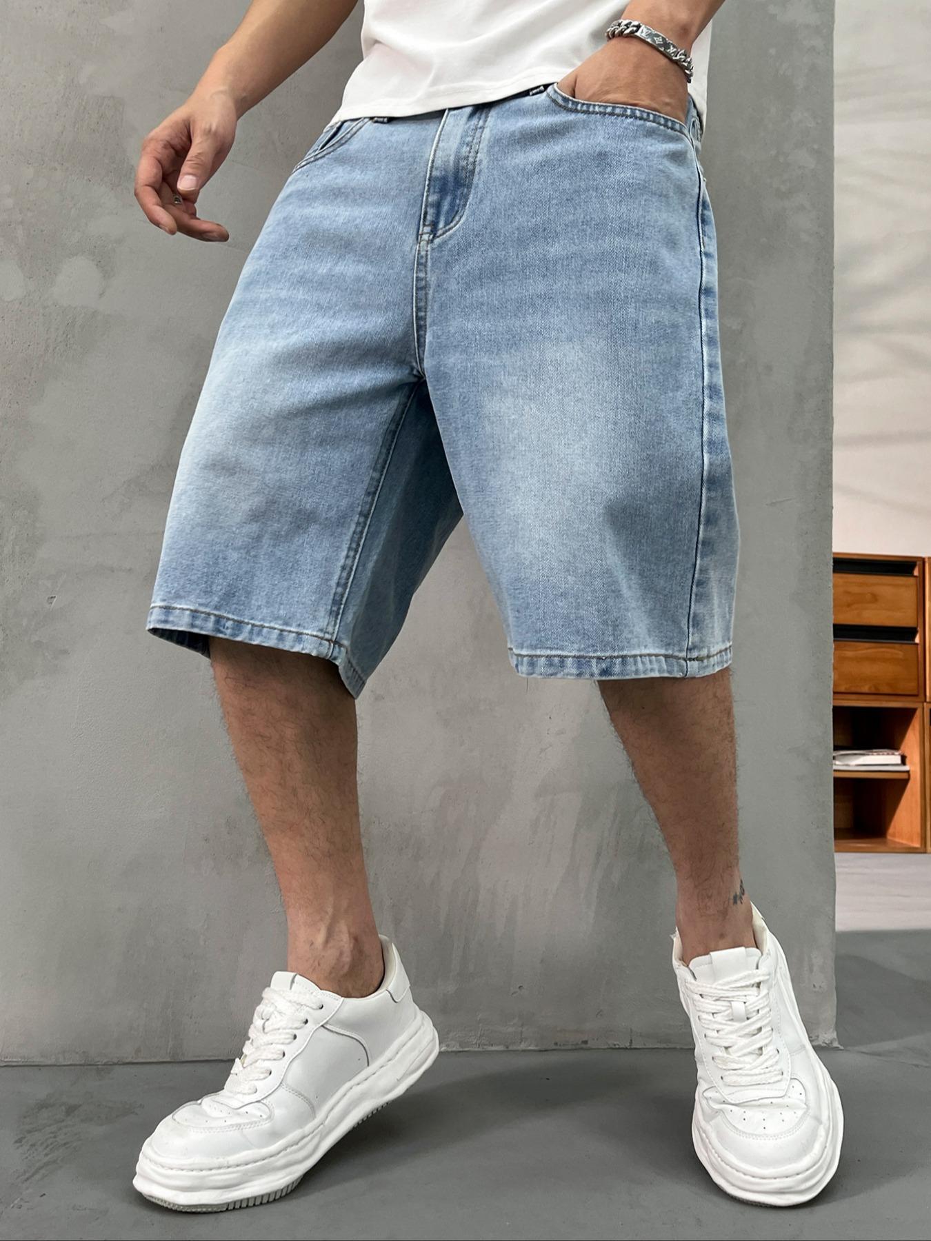Men's washed retro color denim shorts, trendy, versatile, loose straight-leg casual streetwear denim five-point pants