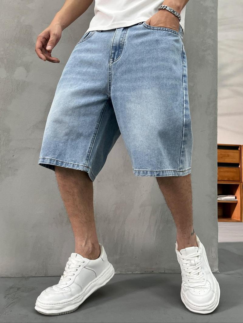 Men's washed retro color denim shorts, trendy, versatile, loose straight-leg casual streetwear denim five-point pants