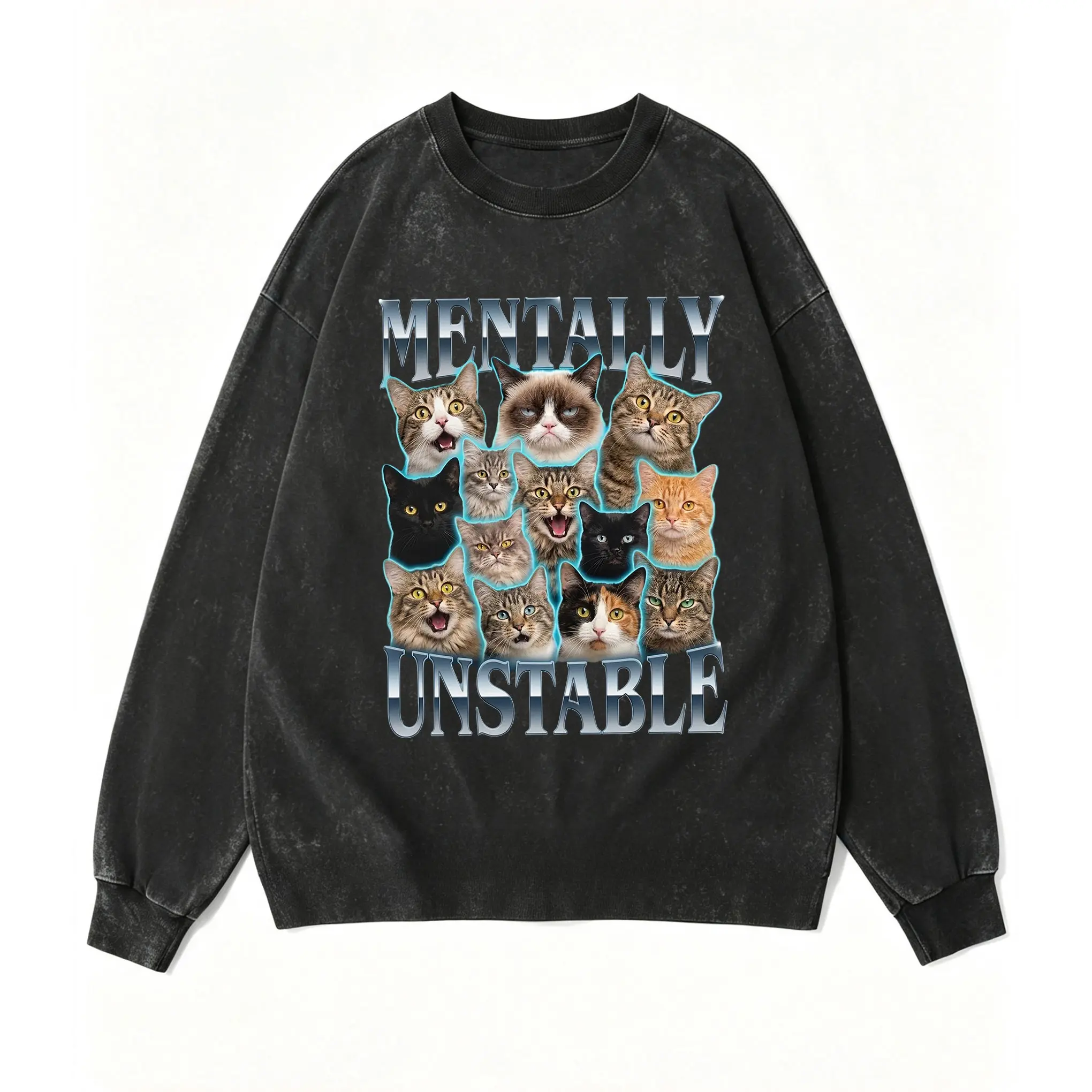 Mentally Unstable Cat Sweatshirt, 90s Vintage Bootleg Cat Meme Shirt, Funny Cat Lady Acid Wash Long Sleeve, Sarcastic Gift for Cat Lover