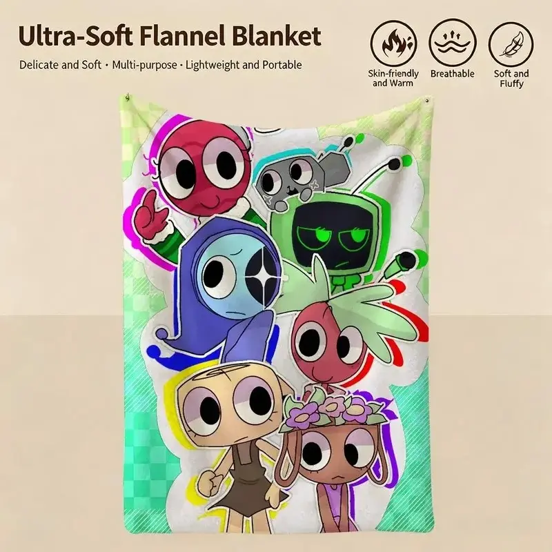 Dandy's World Full Character Polyester Fleece Throw Blanket - Anti-Pilling Soft Light Green Grid Check, Indie Cartoon Creature Cartoon Print, Multi-Size for Teen Indie Game Fans, Travel Camping, Bedroom Sofa Decor, Game Events Gift