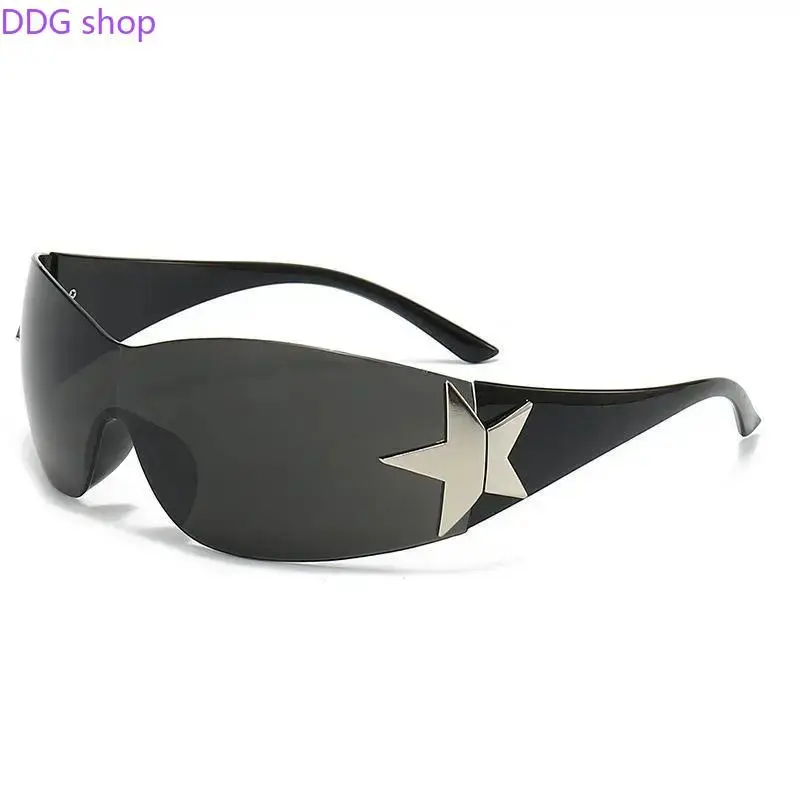 Y2K Rimless Punk Sunglasses with Star Details - Wrap-Around One-Piece Design for Men & Women Edgy Aesthetic for Urban Street Style UV Protection Non-Polarized Polycarbonate Lens