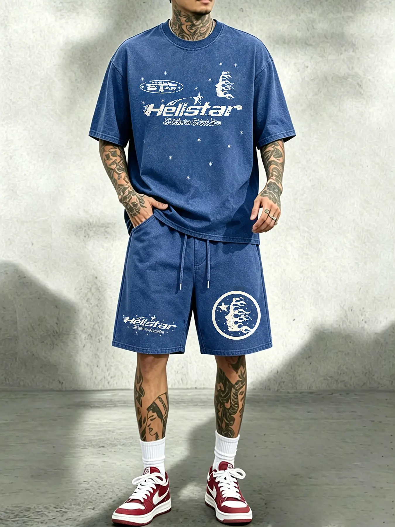 Men's Summer Fashion Set, Vintage Dark Street Style, Tie-Dye Star Flame Tee and Shorts, Casual Sporty Two-Piece
