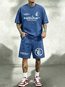 Men's Summer Fashion Set, Vintage Dark Street Style, Tie-Dye Star Flame Tee and Shorts, Casual Sporty Two-Piece