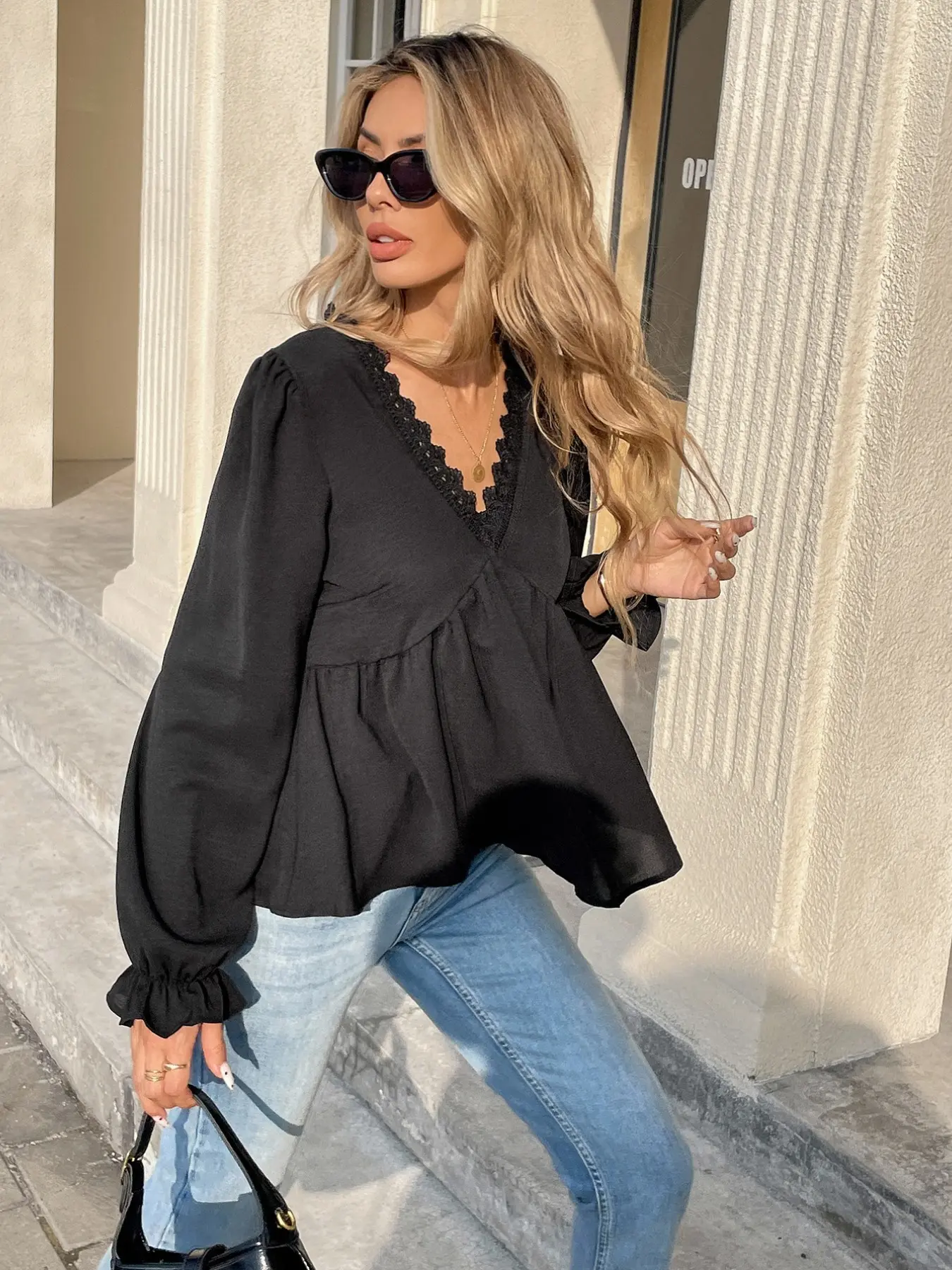 Women's Solid Color Long Sleeve V-Neck Ruffle Casual Blouse, Winter Blue, Spring Autumn, Loose-Fitting, All Seasons