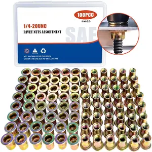 Rivet Nut,  100 count 1/4"-20UNC Carbon Steel Flat  Rivnut Threaded Insert Nut, Zinc Plated Carbon Steel Nut Inserts, Knurled  (1/4''-20)