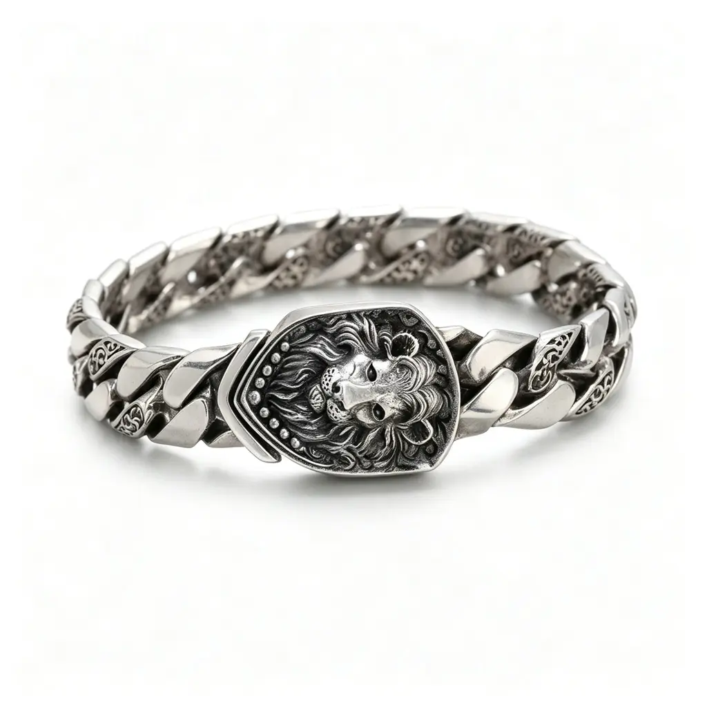 925 Sterling Silver Cuban Link Bracelet - Antique Silver Lion Head Chain, Heavy Metal Rock Punk Statement Jewelry, Men's Gift