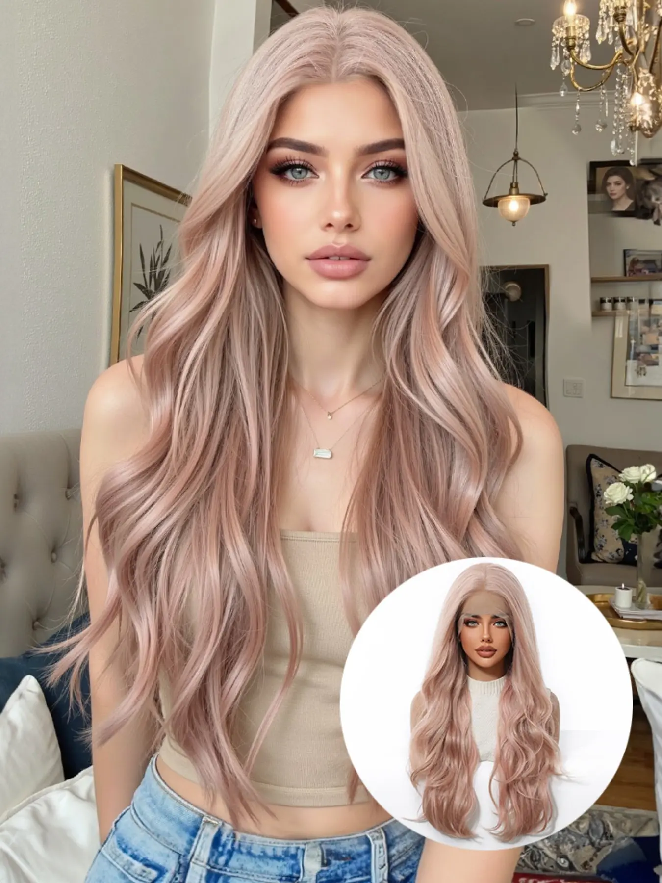 Bean Sand Lace Fiber Wigs, 28-Inch High-Definition Transparent 13x6 Lace Area, Natural Hair for Daily Wear, Breathable and Beautiful, Hyperrealism Wig