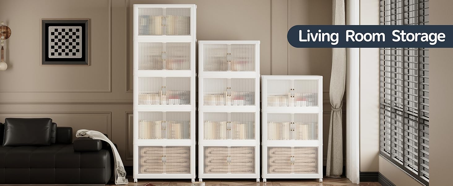 JONZEN 192Qt Plastic Storage Bins with Lid, 48GAL Closet Organizer and Stackable Storage Drawer, Collapsible Clear Box with Wheels, Clothes Cabinet Containers for Home Garage, 4Pack White