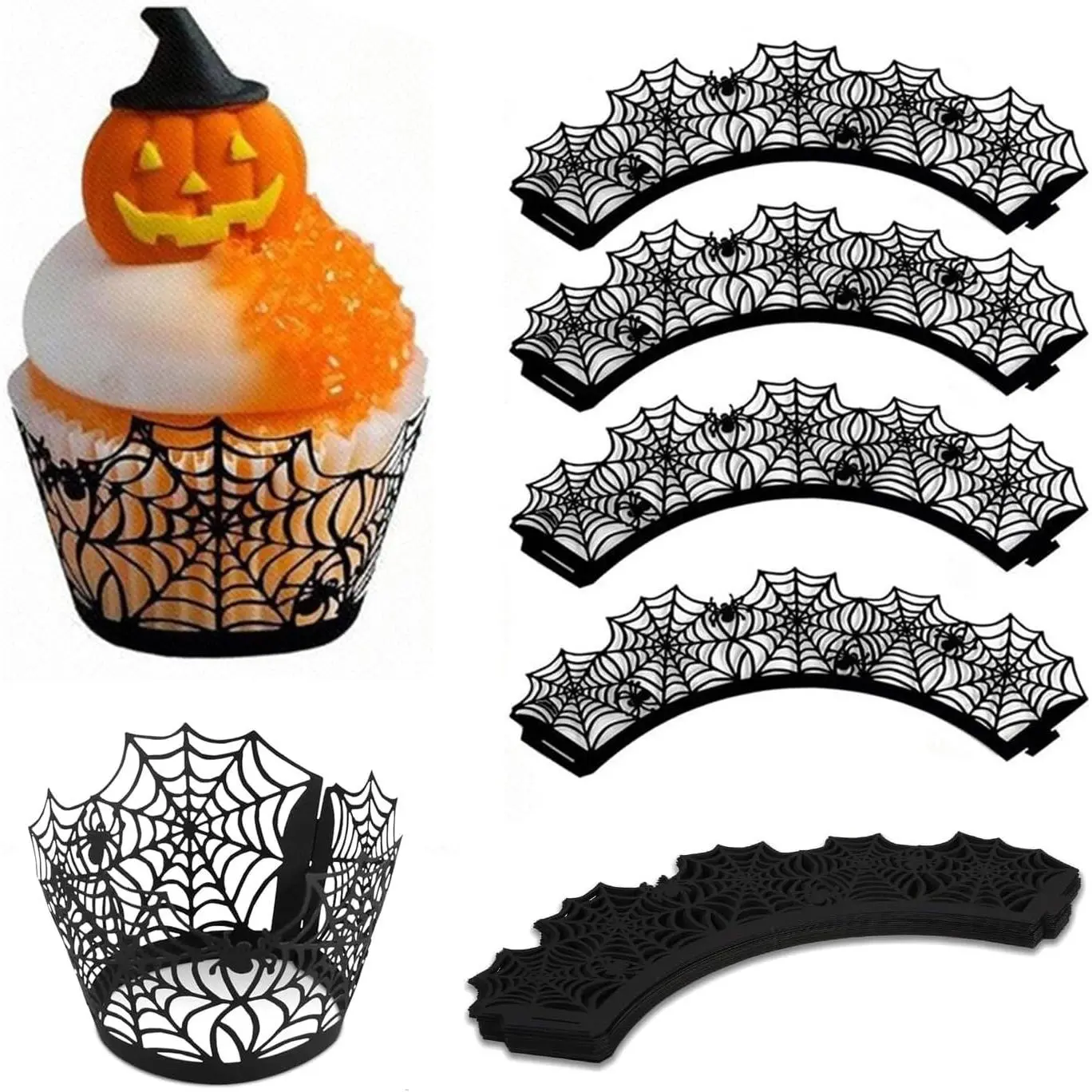 36 count Cupcake Wrappers – Black Spider Web Cupcake Holders, Spooky Cupcake Decorations for Dessert Table, Halloween Dessert Decorations and Cupcake Decor