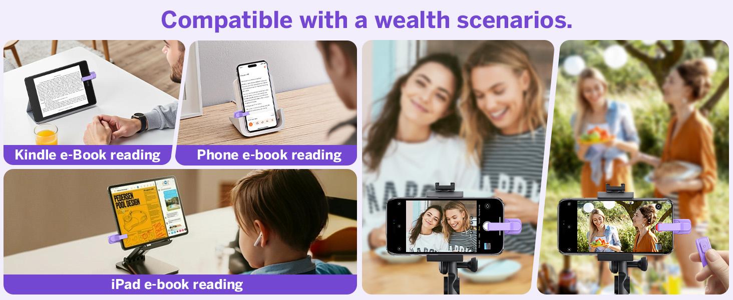 Page Turner Ring for Kindle,Remote Control for iPhone iPad Android Tablets E-Readers,Clicker Page Turner for Kindle Accessories for Camera Video Record&Shutter Selfie (Purple)