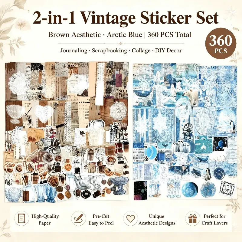 360-Pcs 2-in-1 Vintage Pre-Cuts Sticker Set, Brown & Arctic Blue Aesthetic Ephemera Stickers, Decorative Paper Scrapbook Supplies for Journaling, Collage