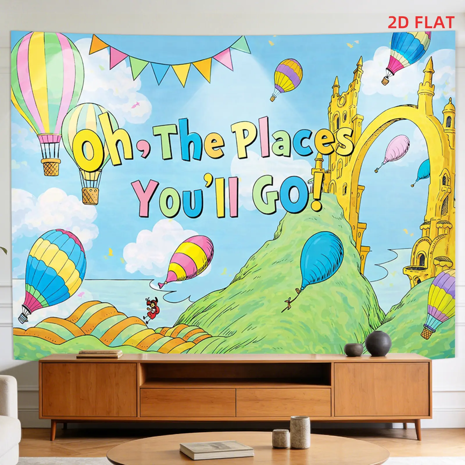 2D Flat, [2D Plane Printing] 1 Large Size/small Size Pattern Printed Tapestry- Hot Air Balloons, Colorful Banners, Oh, The Places Youll Go!, Whimsical Architecture, Blue Sky., Room Wall Decoration, Non-luminous, Suitable for, Living Room