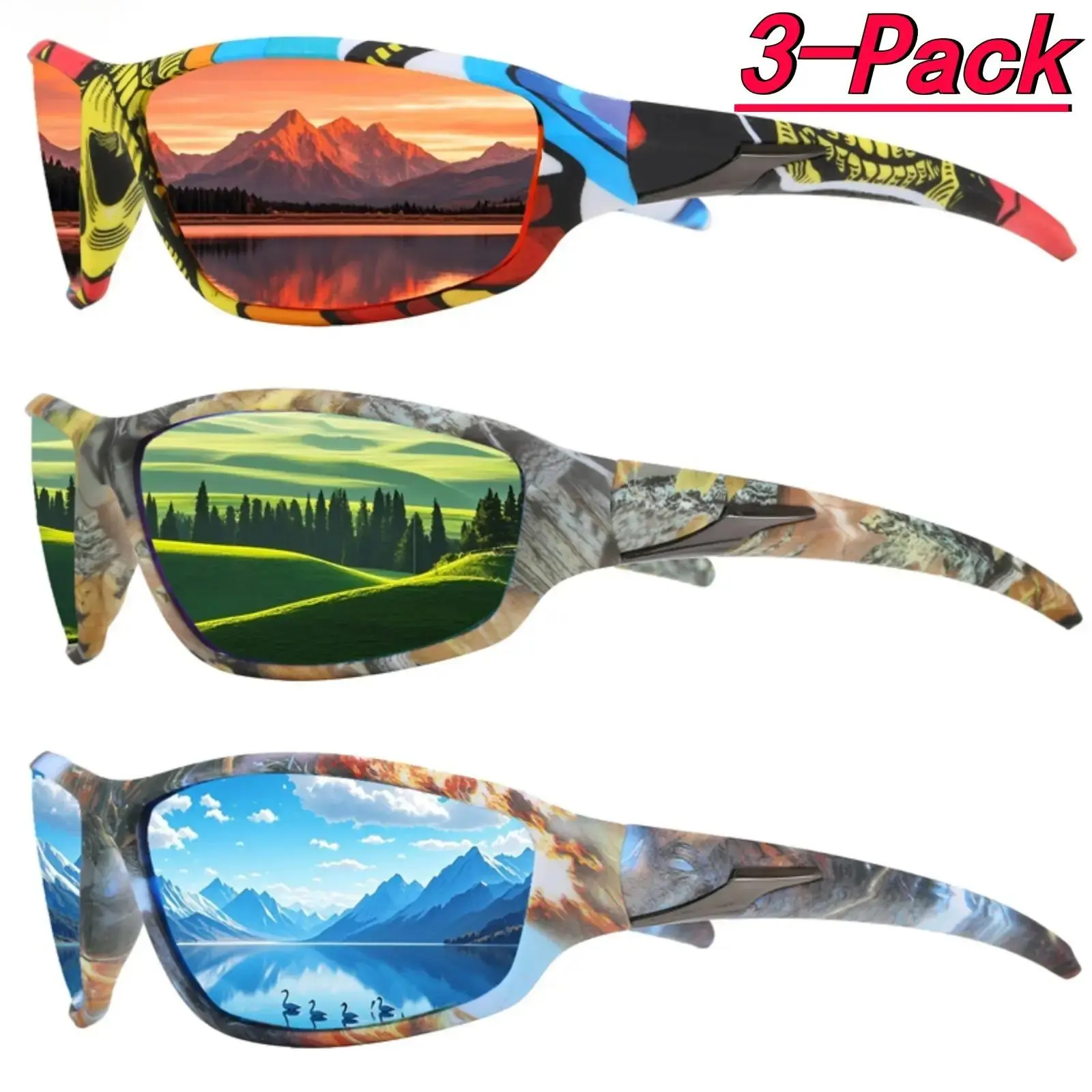 Unisex 3-Pack Tactical Sunglasses - Square Camouflage Frames, Anti-UV Polarized Lenses, UV Protection for Hiking, Cycling
