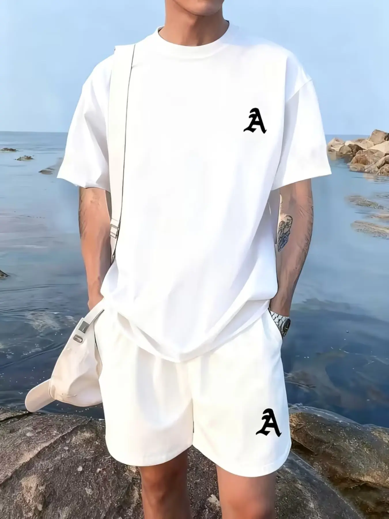 Men's Outdoor Summer Tropical Fashion Short Sleeve Tee + Shorts Set Outfit, Menswear 3D Digital Print Retro Letter a Pattern, Casual Sports Wear, Gift Idea