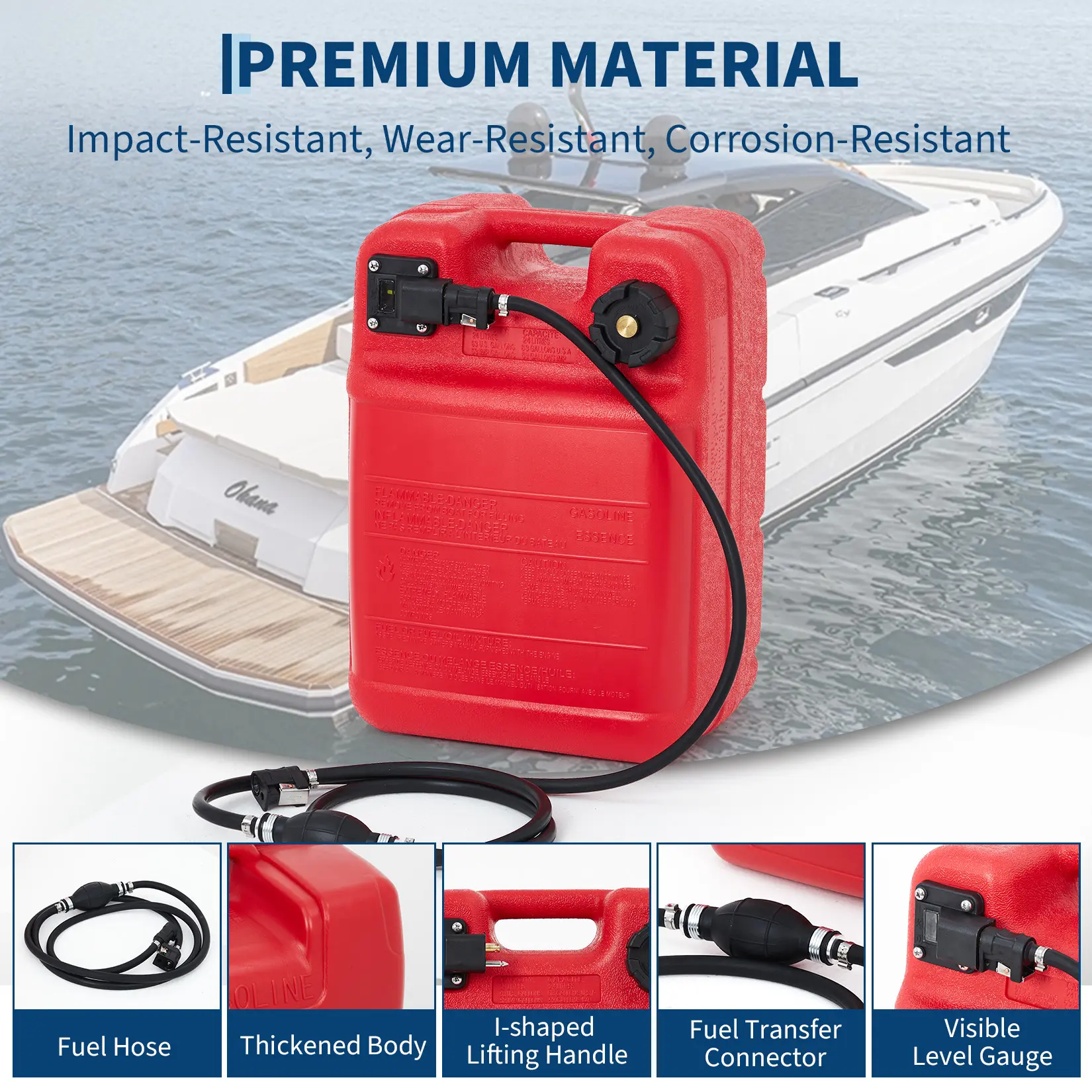 3 Gallon Marine Portable Tank Outboard Boat Transfer Tank with Line l-Shaped Handle Easy to Carry 14.1*11.2*9.8 Inch