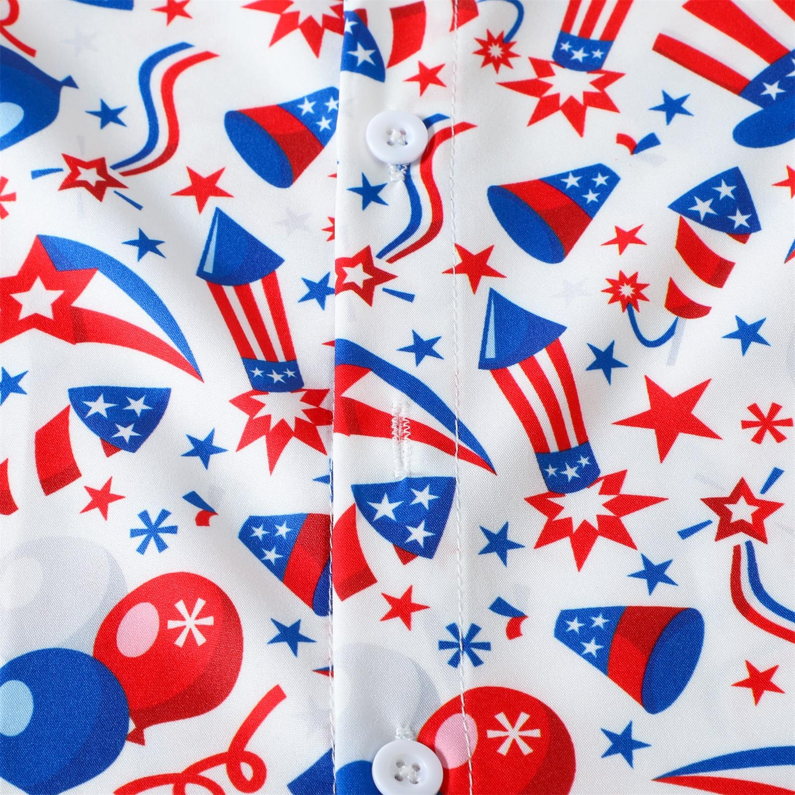 Toddler Baby Boy 4th of July Summer Outfit US Flag/Hat Print Short Sleeve Button Down Shirt and Blue Casual Shorts Set Patriotic Clothes