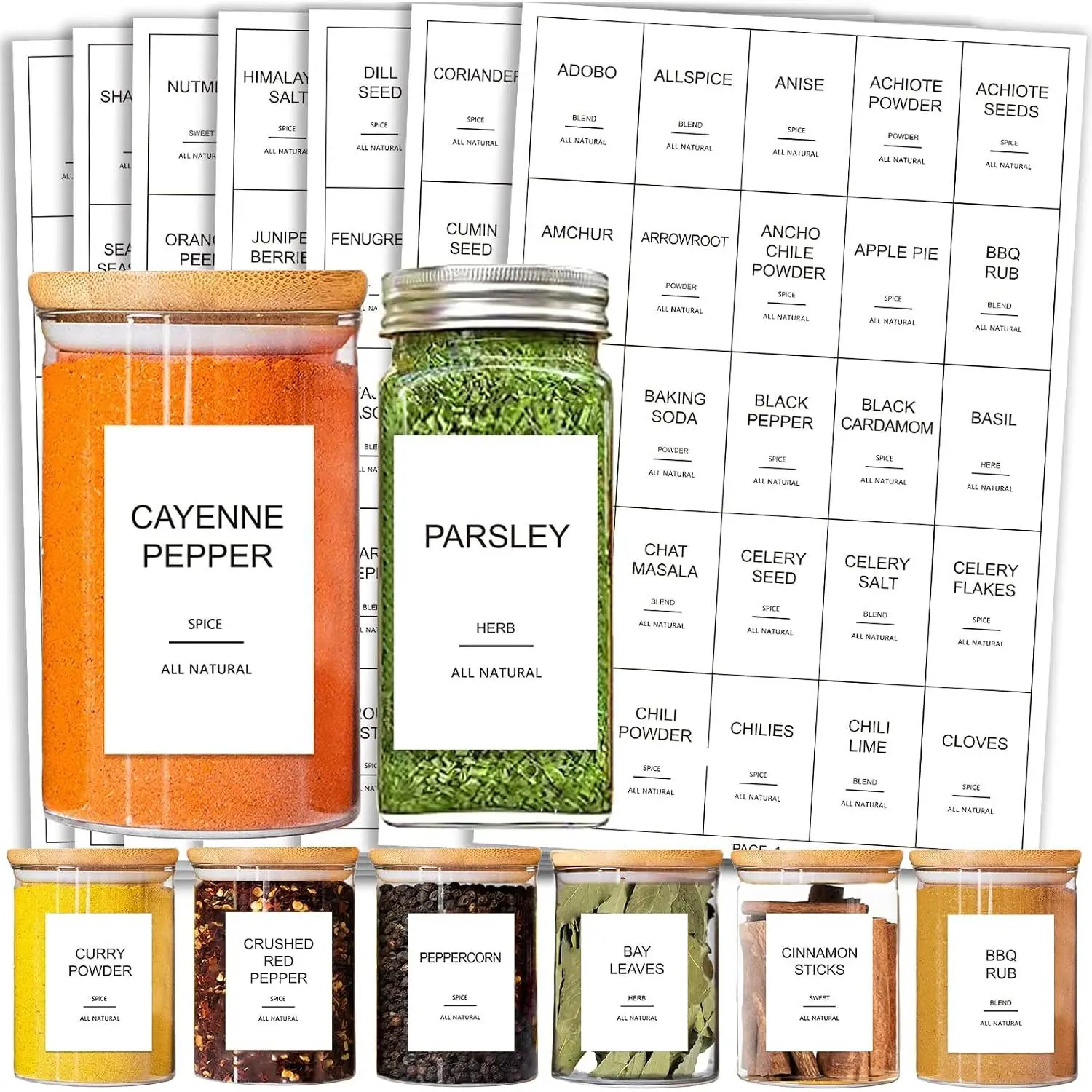 191  Jar Labels Preprinted Minimalist Stickers - White  Label - Fit Round or Rectangle  Jars -  Seasoning Kitchen Pantry Labels