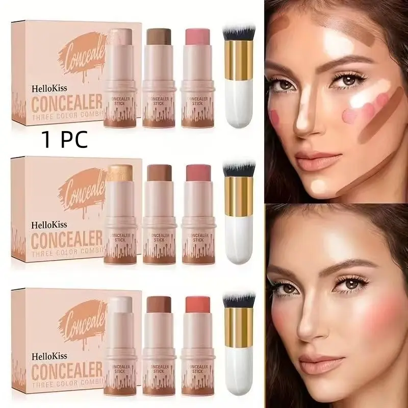 Four-piece contour stick set in three styles: A, B, C-includes highlighter, blush, bronzer, and brush. Layerable concealer design, brightens and sculpts your face, waterproof formula suitable for all skin tones, for a naturally radiant, dimensional look