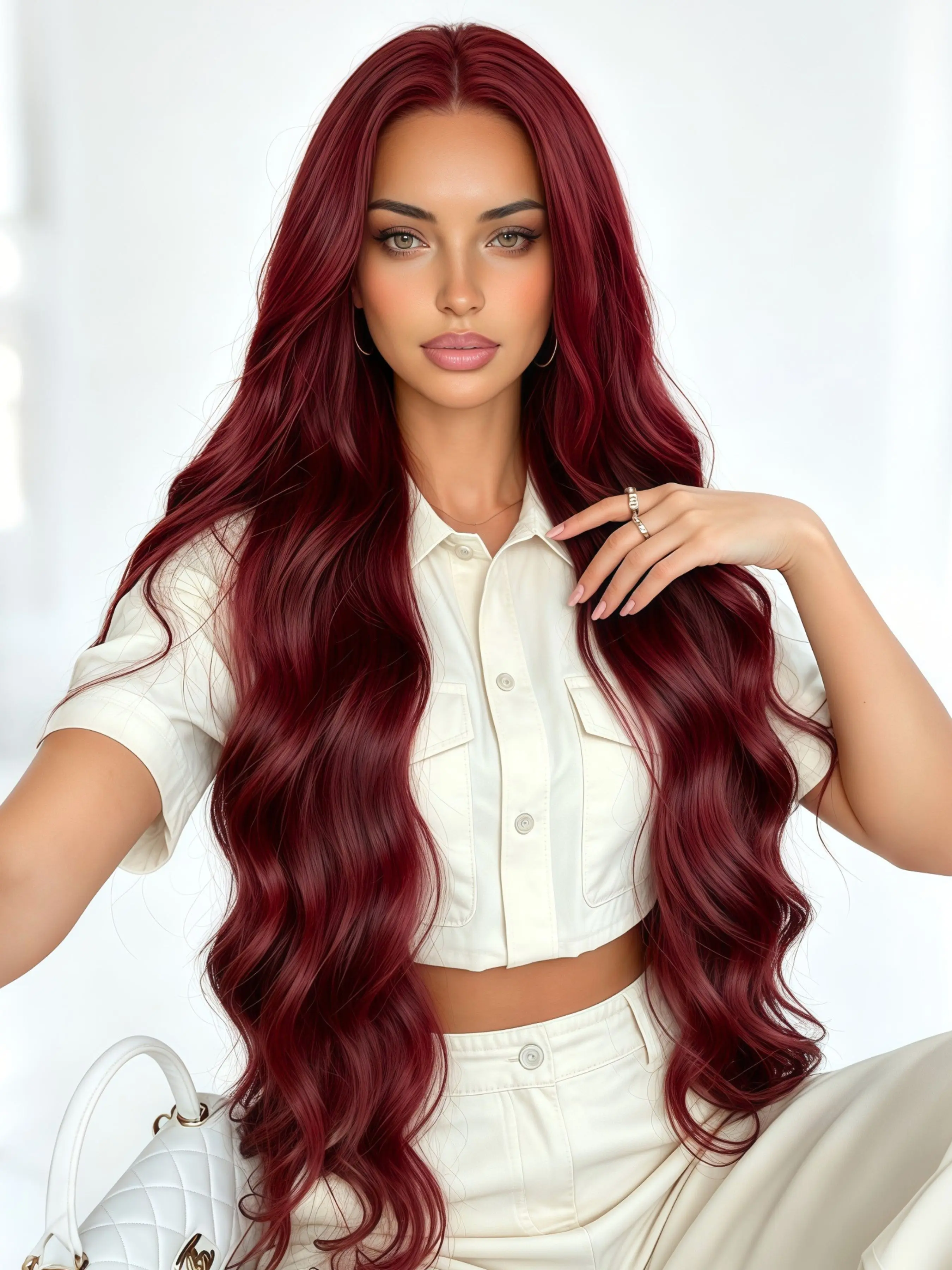 Burgundy Body Wave Lace Front Wig 13x4 HD Transparent Lace Frontal Wigs Free Part Pre Plucked Natural Hairline Heat Resistant Synthetic Wig for Women Daily Wear 32 Inch