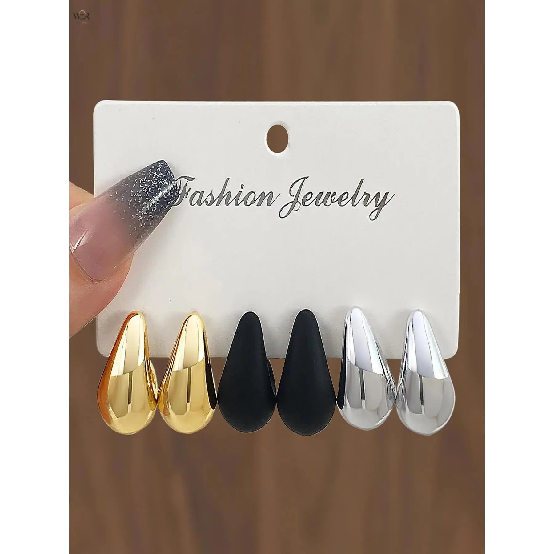 3 Pairs Chunky Teardrop Huggie Hoop Earrings Set, Matte Black Polished Gold Silver Water Drop Dome Clip On Hoops, Minimalist Bold Statement Daily Jewelry, Multi Color Versatile Gift for Women Teen Girls