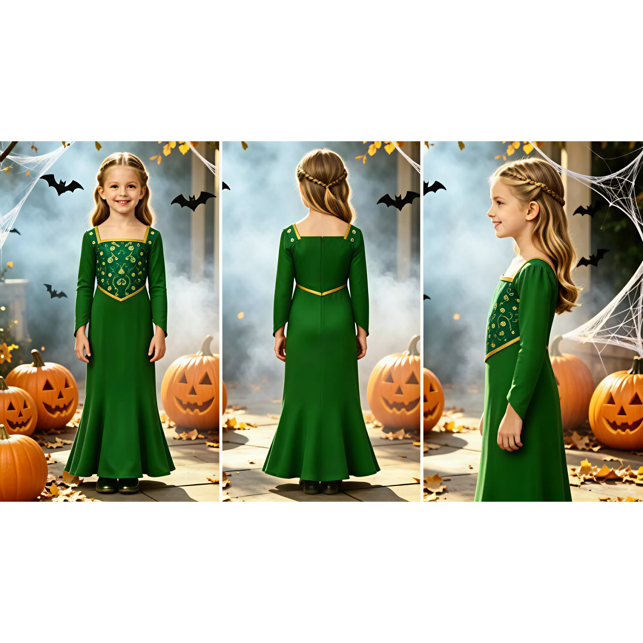 Girls' Princess Fiona Cosplay Outfit - Long-Sleeve Square-Neck Velvet Mermaid-Cut Green Gown, Royal Medieval Fancy Dress for Halloween, Themed Parties