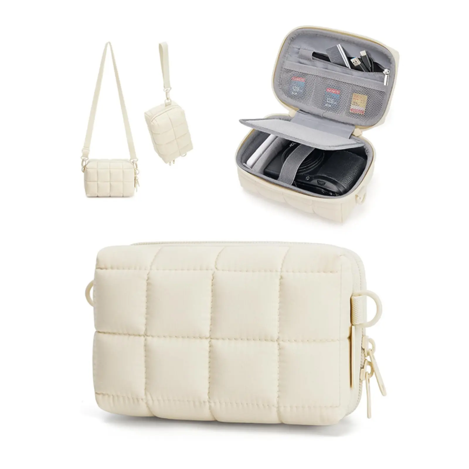 Grid Puffy Quilted Camera Storage Case, 2026 Shockproof Portable Mini Gadget Bag, Removable Strap Small Digital Camera Crossbody Pouch, Multi Mesh Pocket Cable SD Card Organizer, Lightweight Protective Carry Bag for Travel Photography Daily Electronic Sto