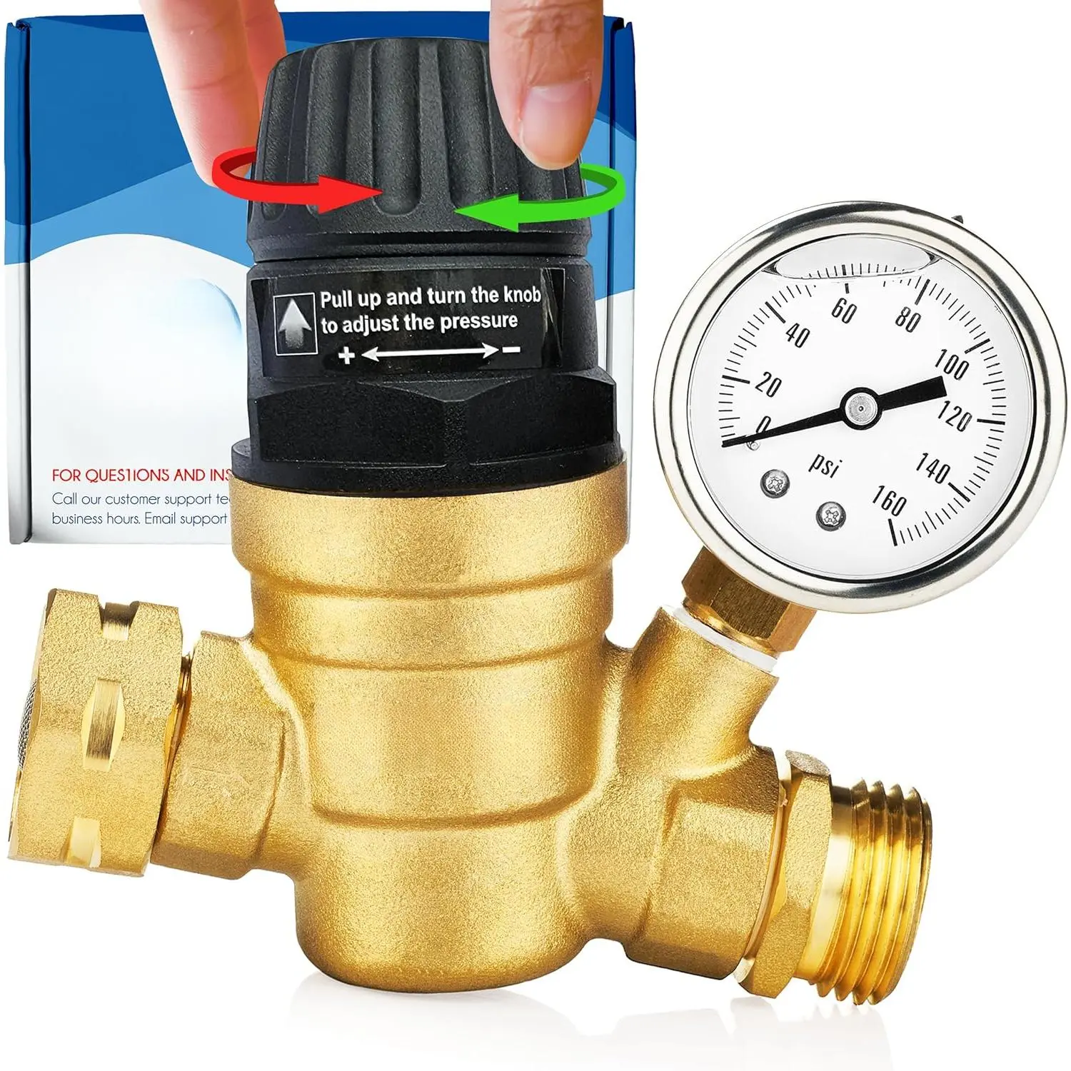 Water Pressure Regulator for RV Camper.Brass Lead-free Adjustable Water Pressure Regulator with Gauge for Camper Travel Trailer, Reducer Valve W Filter.M22-0660R.