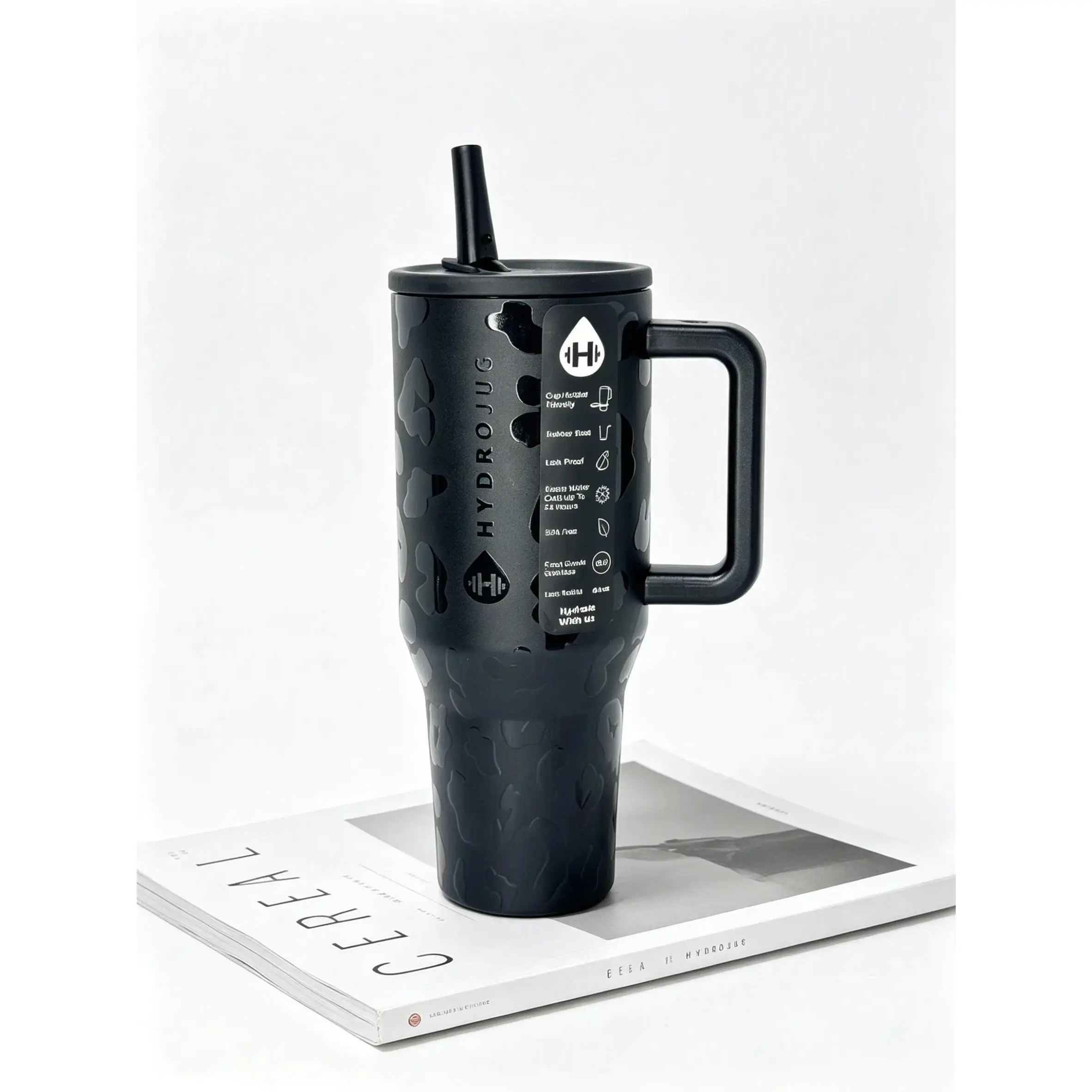 HydroJug 40oz Black Leopard Print Insulated Vacuum Flask - 24H Cold Retention, Leakproof, with Handle, with Straw