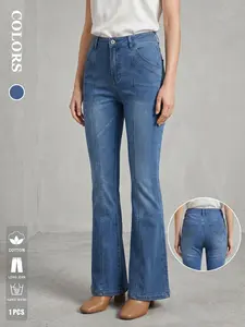 Women's Mid-Waist Flare Jeans, Slimming Effect, Elastic Cotton Denim, Vintage Style, Casual Wear, Retro Party, Fashion Streetwear